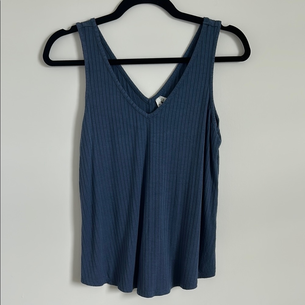 Blue Ribbed Sleeveless Tank Top